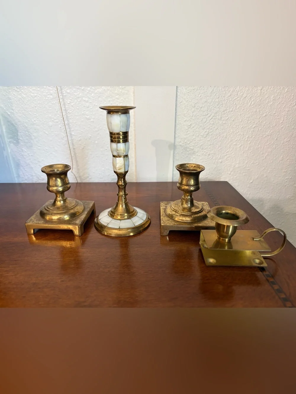 Vintage Brass Candlesticks Match Box Holder Made In England India 4 Piece Bundle